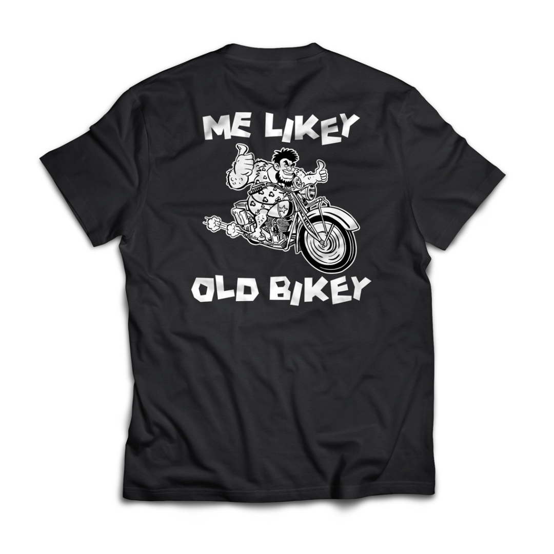 Elders of Iron me likey old bikey vintage motorcycle t-shirt black back